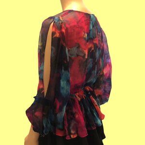 Bright Watercolors Semi- sheer Silk Blouse Long Sleeves With Slits Sz L